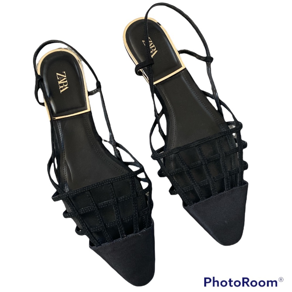 ZARA Black Lattice Strappy Slingback Flats Shoes 9 or 40